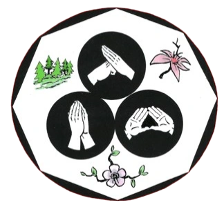 A circular picture with three hands and flowers.